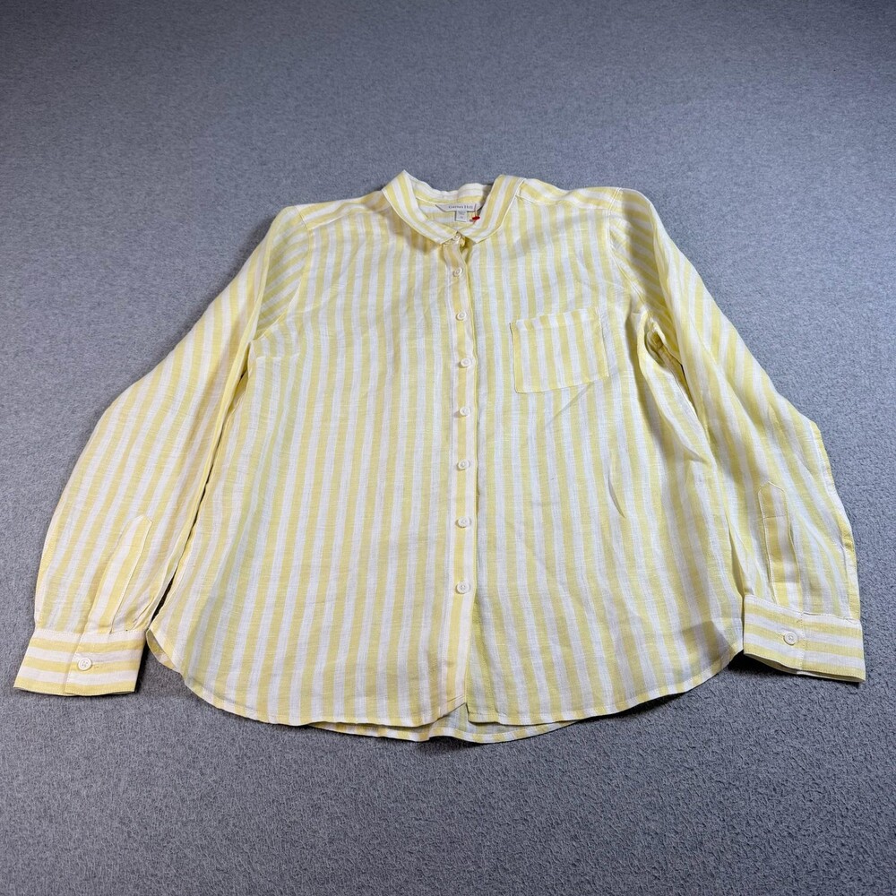 Garnet Hill Linen Shirt Womens 12 Yellow Stripe Button Long Sleeve Coastal Boho